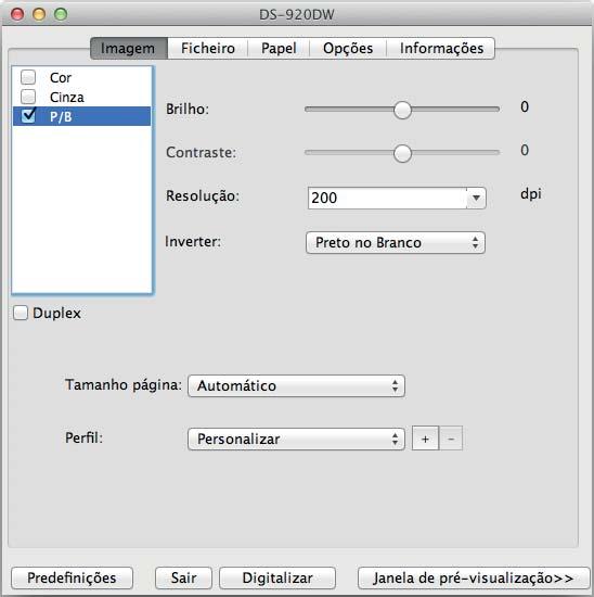Digitalizar utilizando o computador Alterar as definições de digitalização do DSmobileCapture (no Macintosh) Definições de imagem Clique no separador Imagem para escolher o tipo de imagem e