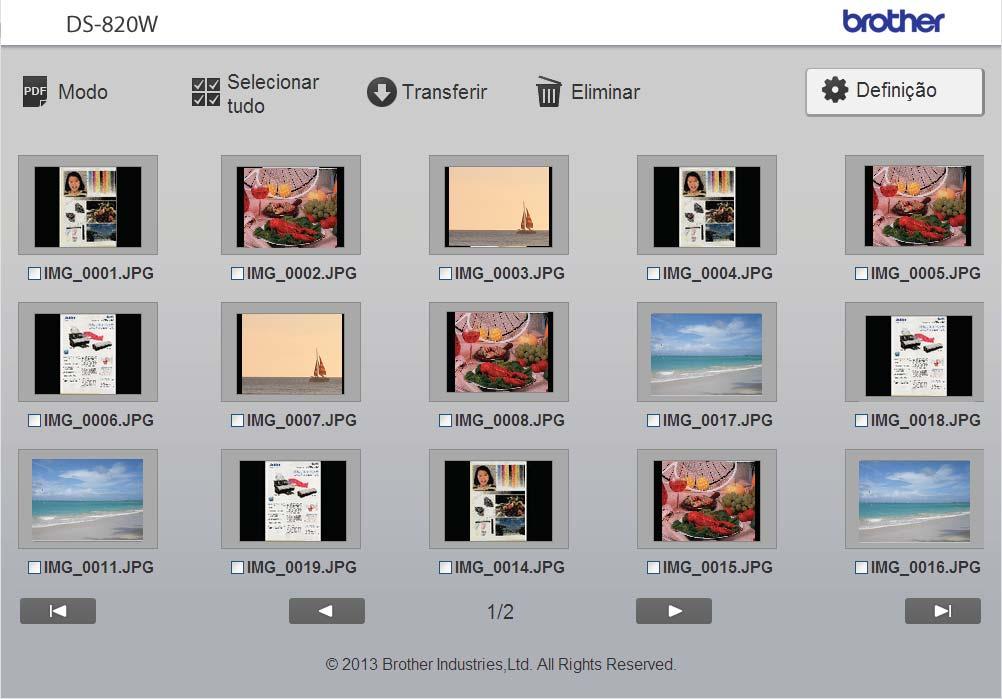 Aceder a imagens digitalizadas no cartão SD (1) (2) (3) (4) (5) (6) 7 (7) (8) (7) (1) Modo Clique para alterar a imagem digitalizada de acordo com o formato do ficheiro (PDF ou JPEG).