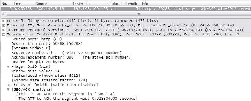 tivo, fornecido pelo Wireshark a título de orientação; a diferença entre esse número e o pacote (390 1 = 389).