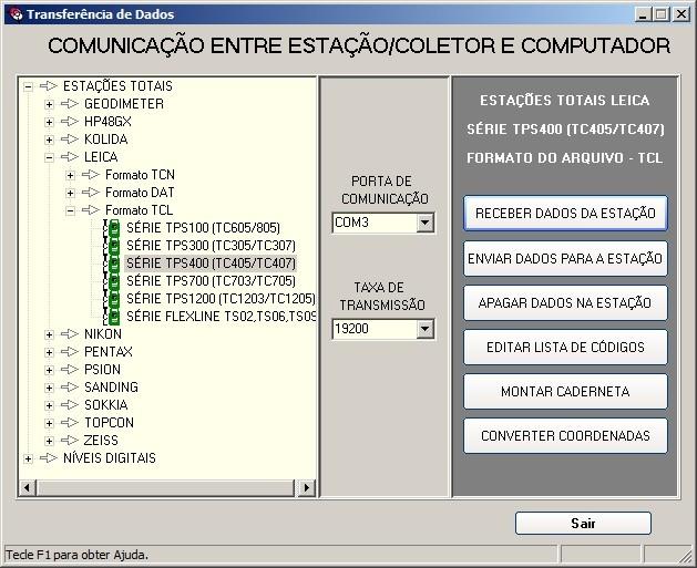 1.2 Comunicação 1.2.1 Receber dados da Estação Para receber os dados de uma estação total clique em >Comunicação e selecione a marca, o formato dos dados e a série da sua estação.