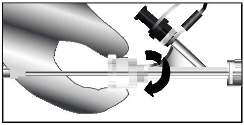 14. Utilizando o cateter de introdução da FVC Crux indicado para a abordagem pretendida (Femoral REF 7024 ou Jugular REF 7025), verifique que a válvula hemostática na pega do eixo exterior está