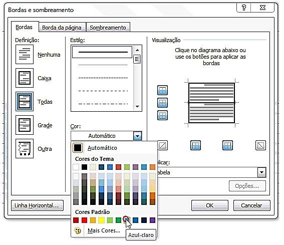 Na aba Bordas, clique no botão drop-down da caixa Largura e escolha a opção da sua preferência. Após definir a espessura da linha, vamos escolher uma cor.