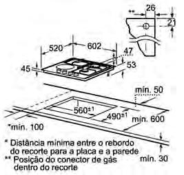 Esquemas de instalação das placas ET675LNP1D ET645FF17E ET651NE17E 522 592 **45 mín. 60-50 *mín.