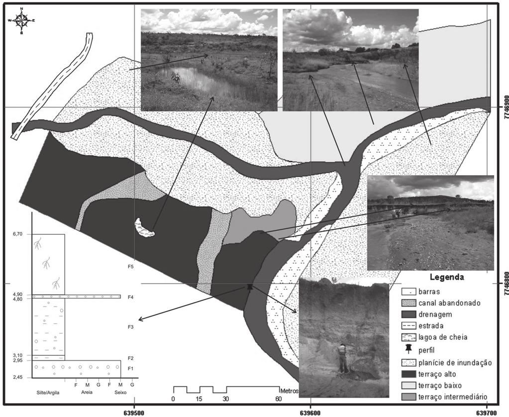 Variabilidade morfológica em níveis de base do rio Maracujá (Quadrilátero Ferrífero MG): influências litológicas, estruturais e de reativações cenozóicas triz argilosa esbranquiçada; F2 - argila