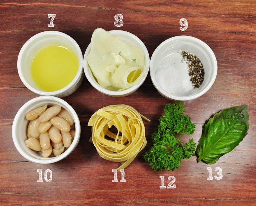 1) 50g de molho pesto (pode ser o clássico pesto genovese ou o pesto de couve); 2) 1 colher de sopa de azeite de oliva; 3) 100g de chorizo picado em tiras finas; 4) 1 dente de alho grande cortado