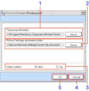 1 Pasta temporária 2 Pasta de destino do Picture Package 3 Sistema de vídeo 4 Botão [Cancelar] Especifique uma pasta para salvar seu vídeo de curta duração/apresentação de slides temporariamente,