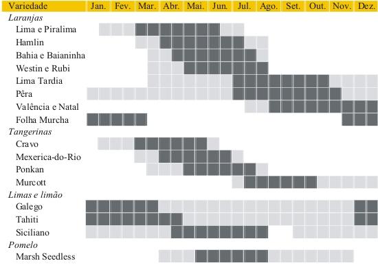 QUADRO - Épocas principais de colheita dos frutos das principais variedades cítricas no Estado de São Paulo hachurado claro = safra extemporânea hachurado escuro = safra principal SUGESTÕES COPAS EM