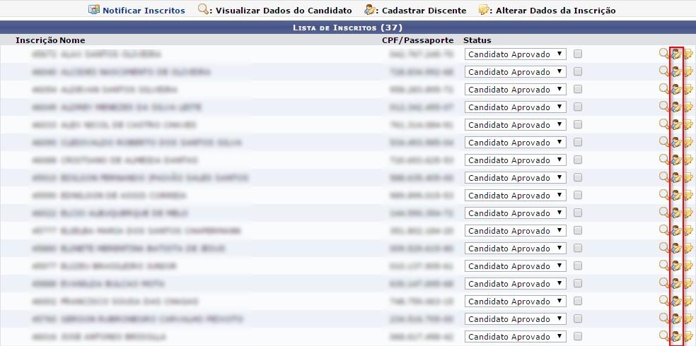 4 Cadastrar discentes na instituição: Para cadastrar os candidatos na instituição, o coordenador deve buscar os candidatos aprovados.