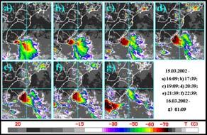 A partir das 16 horas observa-se o crescimento rápido do tamanho do SCM. Em torno das 21 horas o tamanho do SCM atinge o máximo. O diâmetro máximo do SCM foi igual a 450 km.