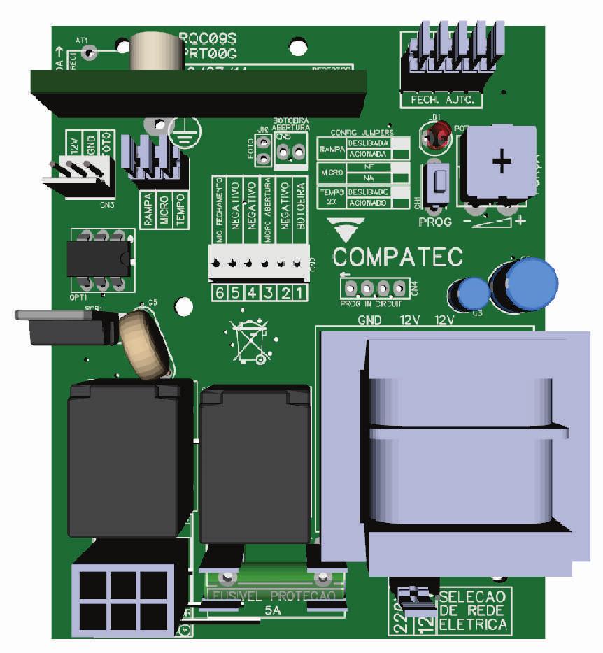 www.compatec.com.br 5 4 3. Conhecendo o Comando RQC09S Receptor Fechamento automático Conector CN3 de entrada da fotocélula e saída 12vcc. Seletor de tempo X2 e micro NA/NF, rampa.