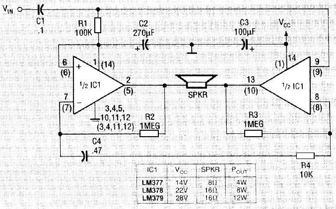 85.Amplificador BTL de 12 W Este circuito foi obtido numa revista Radio Electronics americana de abril de 1980.