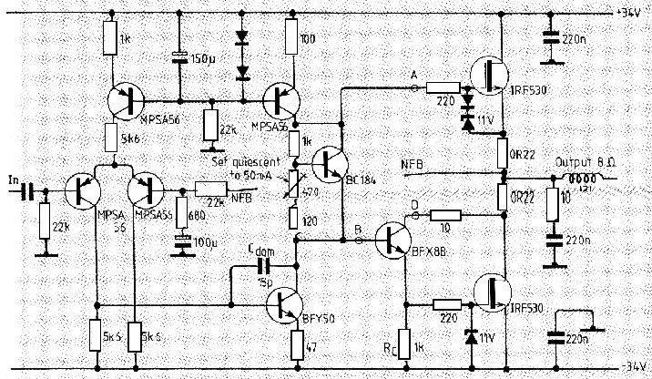 91.Amplificador de Alta Potência com MOSFET (3) Este circuito foi obtido numa documentação inglesa de 1990. O circuito pode ser montado com MOSFETs de potência equivalentes.