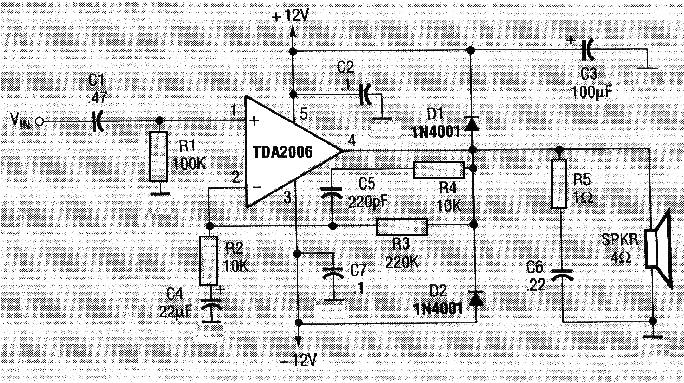 94.Amplificador de 8 W com o TDA2006 Este circuito foi obtido numa revista Radio Electronics americana de abril de 1980.