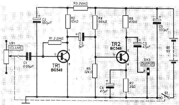 95.Amplificador Para Rádios Experimentais Este circuito foi obtido numa revista inglesa de 1974. O circuito pode ser montado com facilidade com transistores BC548.