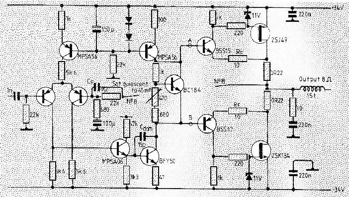 65.Amplificador de Alta Potência com MOSFET Este circuito foi obtido numa documentação inglesa de 1990. O circuito pode ser montado com MOSFETs de potência equivalentes.