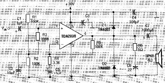 83.Amplificador de 15 W com o TDA2030 Este circuito foi obtido numa revista Radio Electronics americana de abril de 1980.