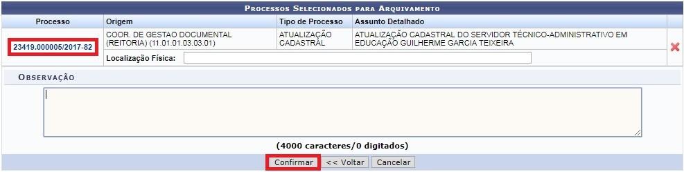 está arquivando. Além disso, pode também inserir uma Observação a respeito dele. No entanto, nenhum destes campos é de preenchimento obrigatório.