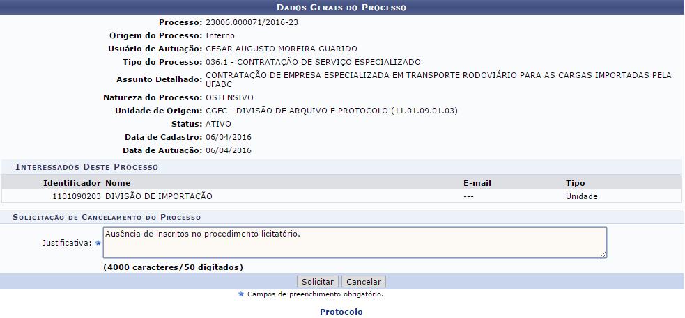 f) Cole a justificativa no campo Justificativa, utilizando a tecla de atalho Ctrl + V ; g) Clique em Solicitar e depois