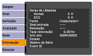 Observação: Os parâmetros disponíveis dependem da fonte de entrada selecionada. O temporizador da lâmpada não registrará o tempo de uso até que seja utilizado por, no mínimo, 10 horas.