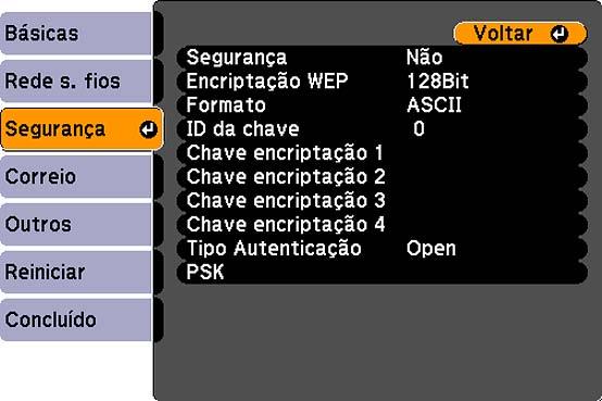 4. Selecione o menu Segurança e pressione Enter. 5. Selecione as suas configurações de segurança conforme necessário para que correspondam às configurações de rede. 6.