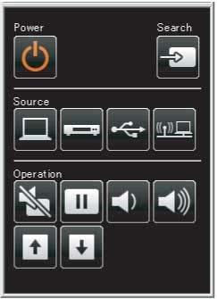 1 Controle do botão de energia 2 Seleciona a fonte da porta Computer 3 Seleciona porta de fontes Video e HDMI 4 Controle do botão de Pausa 5 Controle do botão A/V Mute 6 Controle dos botões de seta