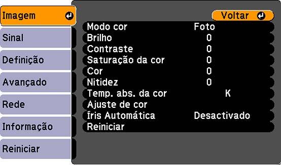 2. Pressione o botão Menu. 3. Selecione o menu Imagem e pressione Enter. 4. Selecione a configuração Íris Automática e selecione Activado.