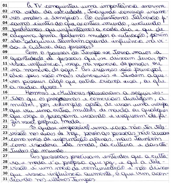 Texto 16 ADEQUADO Competência I REGISTRO 8,0 Adequado PONTUAÇÃO ATRIBUÍDA A ESSA PRODUÇÃO DE TEXTO Competência II TEMA/TIPOLOGIA TEXTUAL 8,0 Adequado Competência III COERÊNCIA 8,0 Adequado