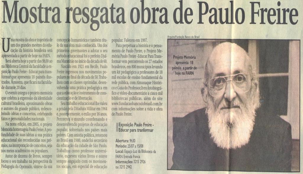 MOSTRA resgata obra de Paulo Freire.