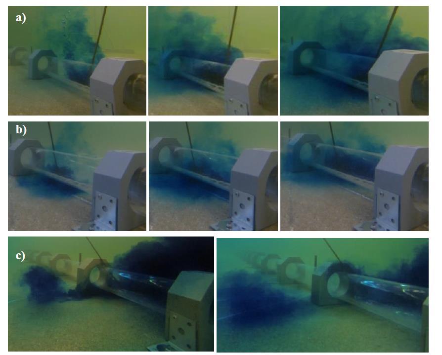 Na Figura 3.30 estão apresentadas imagens do escoamento obtidas com uma câmara de vídeo submersa nos ensaios com anéis do tipo A para 10º, 30º e 90º.