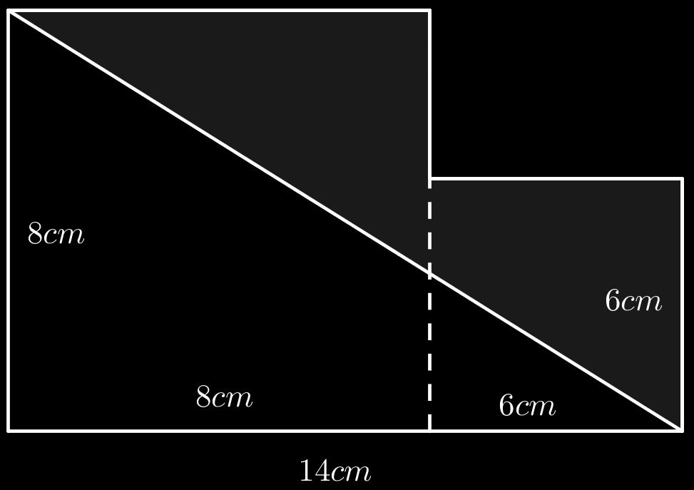 A área cinza é a diferença entre as áreas dos quadrados e do retângulo branco, ou seja, 100 56 = 44cm. Resposta A.