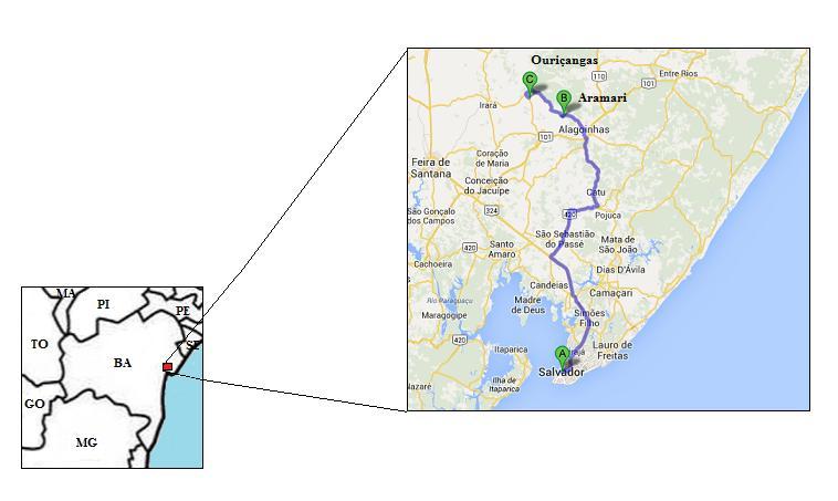 15 3. ASPECTOS FÍSICOS DA ÁREA 3.1 Localização e Acesso A área de estudo está inserida nos municípios de Aramari e Ouriçangas, no estado da Bahia.