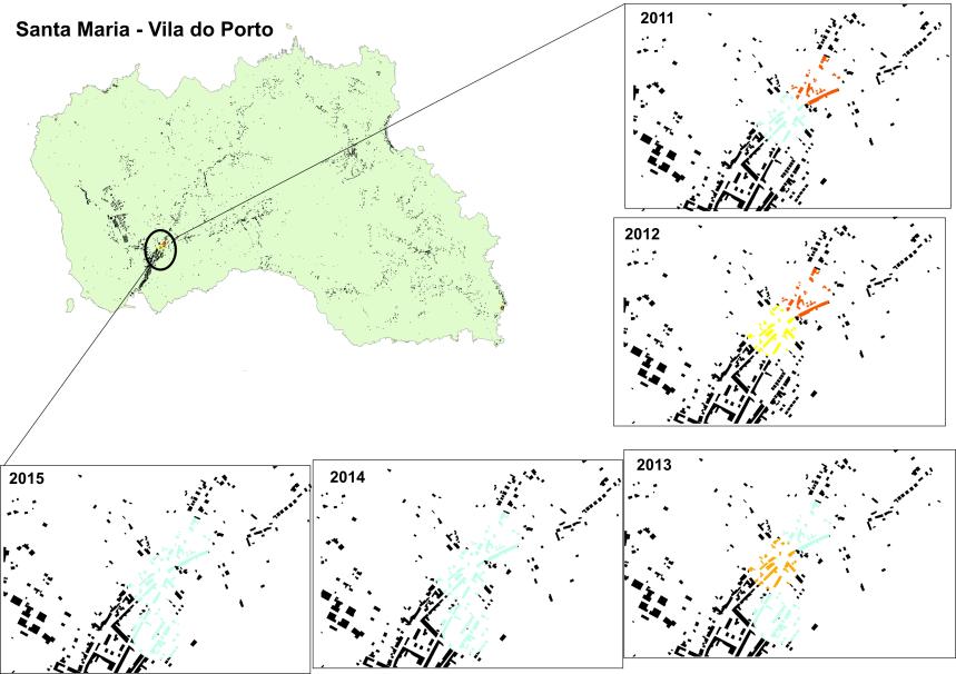 Na Vila do Porto mantêm-se a área afectada, no entanto o grau de infestação é, aparentemente, mais reduzido, o que é um óptimo indicador (Figura 9).