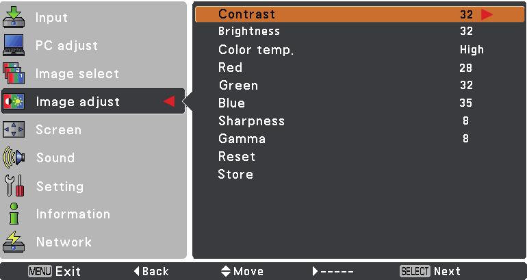 de computador 1 2 de imagem Prima o botão MENU para visualizar o menu apresentado no ecrã. Utilize os botões apontadores para seleccionar de imagem e prima o botão apontador ou o botão SELECT.