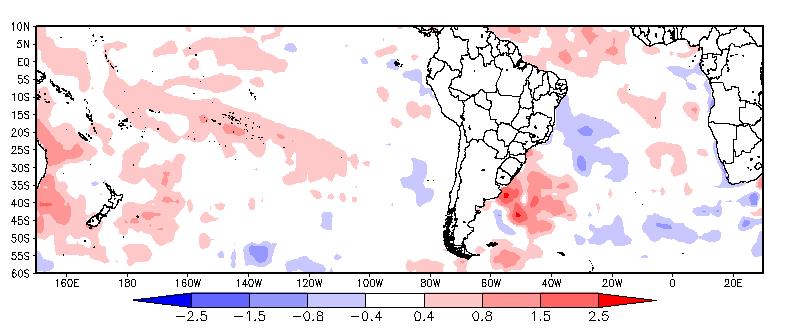 No oceano Atlântico Sudoeste junto à costa da Argentina e Uruguai permanece com aumento