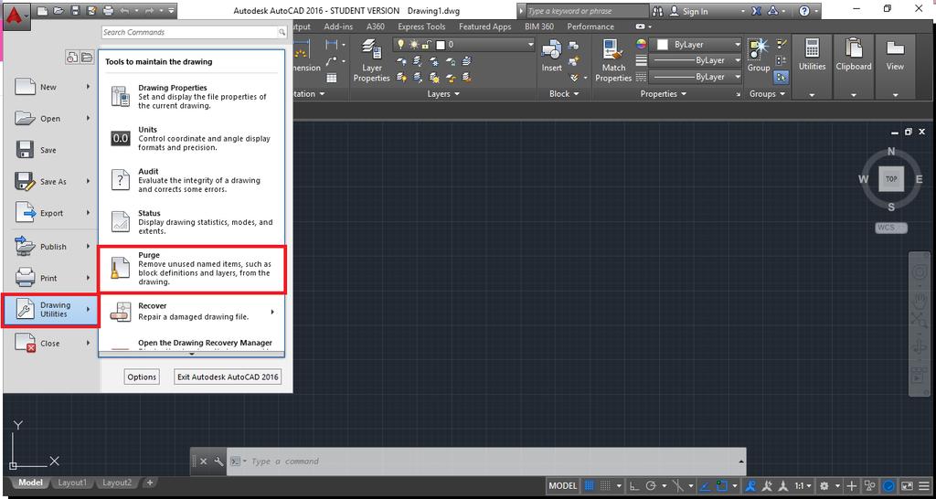 2 Vá em drawing utilities (ou utilitários de desenho) e logo após clique em purge (ou eliminar).