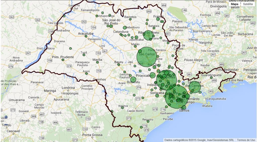 Localização dos projetos PIPE apoiados boas universidades atraem PE Munic. Qtd SP 359 Campinas 224 S.