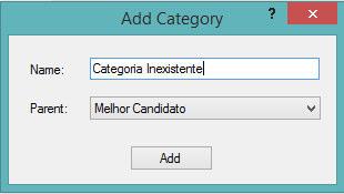 Caso se desejasse adicionar uma nova categoria, seria possível através do menu Model -> Add -> Category ou clicar com o botão direito do rato na categoria Pai e escolher Add -> Category.