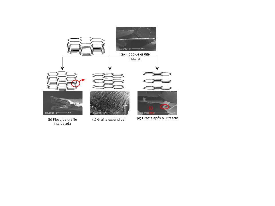 imagem da Figura 1-a mostra a micrografia de perfil de um floco de grafite e o que pode ser constatado é que o floco apresenta as camadas extremamente próximas, dando a impressão de ser apenas uma