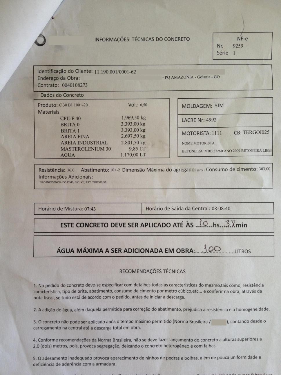 Estudo do controle tecnológico e recebimento do concreto em obra 62 Figura 3.20 Nota fiscal fornecida pela concreteira A.