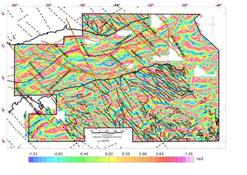 EXEMPLOS DE PENETRATIVIDADE DE ESTRUTURAS GEOFÍSICO-GEOLÓGICAS DO EMBASAMENTO NA BACIA DO AMAZONAS 2 & Grauch, 1985; Cooper & Cowan, 2006), amplitude do gradiente horizontal total realçado (Fedi &