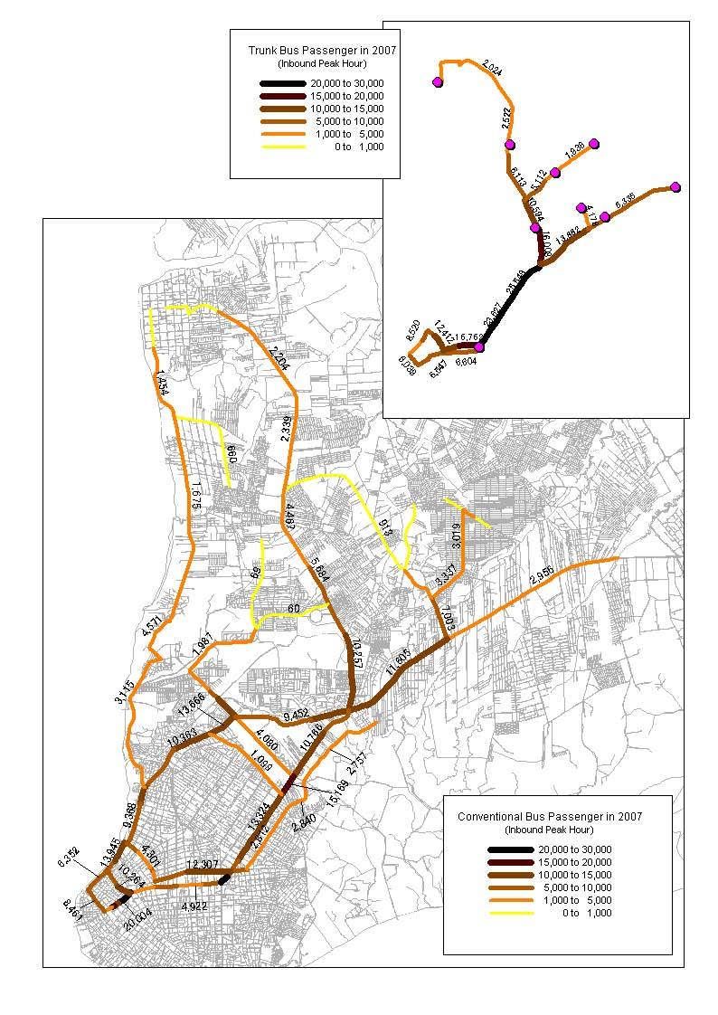 Passageiros de Ônibus Troncal em 2007 (Sentido Bairro-Centro Hora de Pico) 20,000 até 30,000 15,000 até 20,000 10,000 até 15,000 5,000 até 10,000 1,000 até 5,000 0 até 1,000 Passageiros de Ônibus