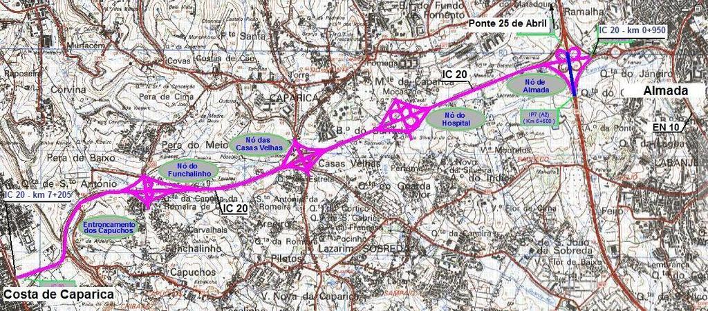 O trecho do itinerário complementar 20 (IC 20) estabelece a ligação à autoestrada A2 (autoestrada do Sul / ponte 25 de Abril), conforme localização representada na figura 3.7.