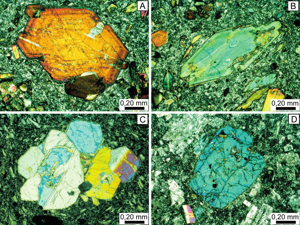 Cruz, R. S. et al. A B C D Figura 2. Fotomicrografias de fenocristais analisados de anfibólio (A e B) e clinopiroxênio (C e D) das fácies de fluxo de lava intermediários da Formação Sobreiro.