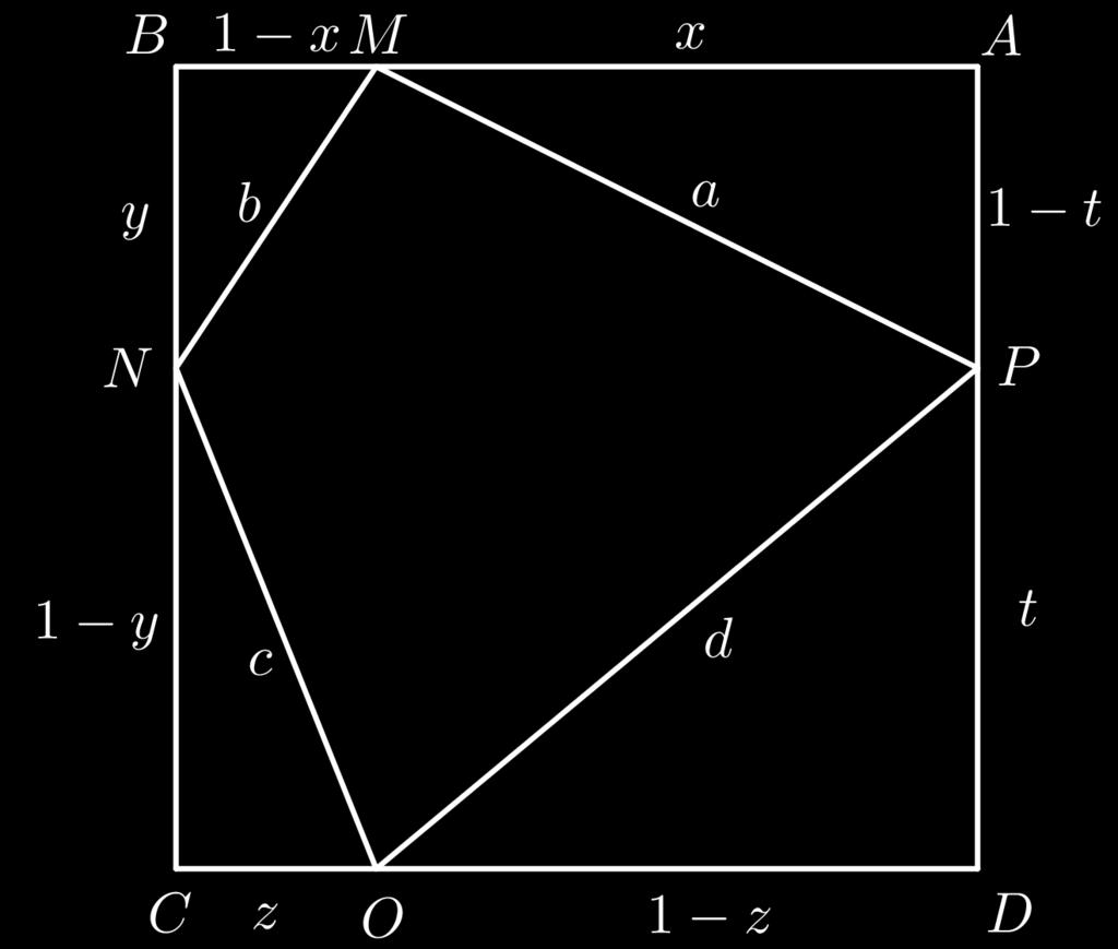 Denote por ABCD o quadrado de lado 1 e por MNOP o quadrilátero inscrito no quadrado tal que P M = a, MN = b, NO = c e OP = d, conforme mostra a figura.