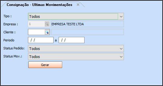 Tipo: Defina o tipo da movimentação que se deseja analisar via relatório; Empresa: Informe a empresa padrão utilizada;