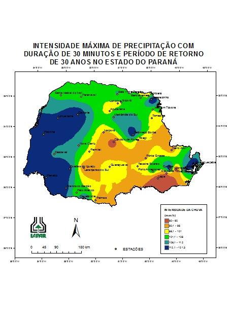 Figura 1B - INTENSIDADE MÁXIMA DE PRECIPITAÇÃO COM DURAÇÃO DE 30 MINUTOS E PERÍODO DE RETORNO DE 30 ANOS NO ESTADO DO PARANÁ CONSIDERAÇÕES FINAIS O município de Cianorte, localizado na região