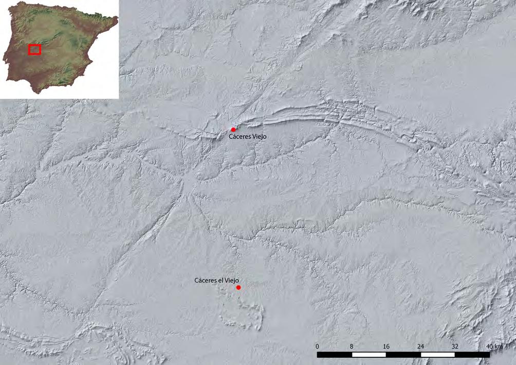 48 CIRA-ARQUEOLOGIA V Figura 11 Mapa de base LiDAR com localização do acampamento de Cáceres el Viejo, Cáceres, e do sítio Cáceres Viejo, Serra de Santa Marina, Casas de Millán.