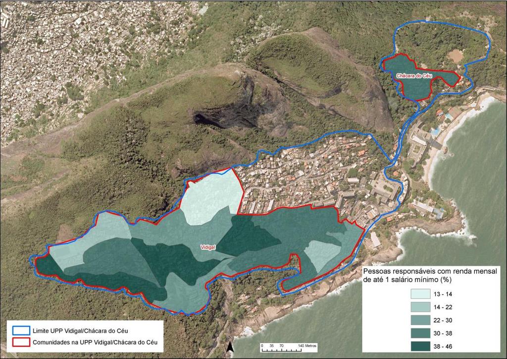 Mapa 10 Percentual de Pessoas Responsáveis com Rendimento Declarado: Renda Mensal de até 1 Salário Mínimo segundo os Setores Censitários das comunidades na UPP Vidigal 2010 Fonte: Dados do Censo