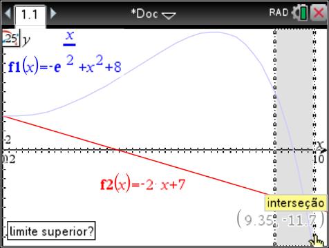 Uma vez que a janela de visualização não é a adequada para visualizar o ponto de interseção dos dois gráficos, vamos ter de ajustar a janela clicando em b, 4:Janela, 1: Definições da janela Em X Min