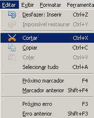 Existem três formas de se recortar um texto: Pelo Menu Na Barra de Menu, entre em Editar-Cortar Pelo Teclado Utilize as teclas de atalho (CTRL) (X).